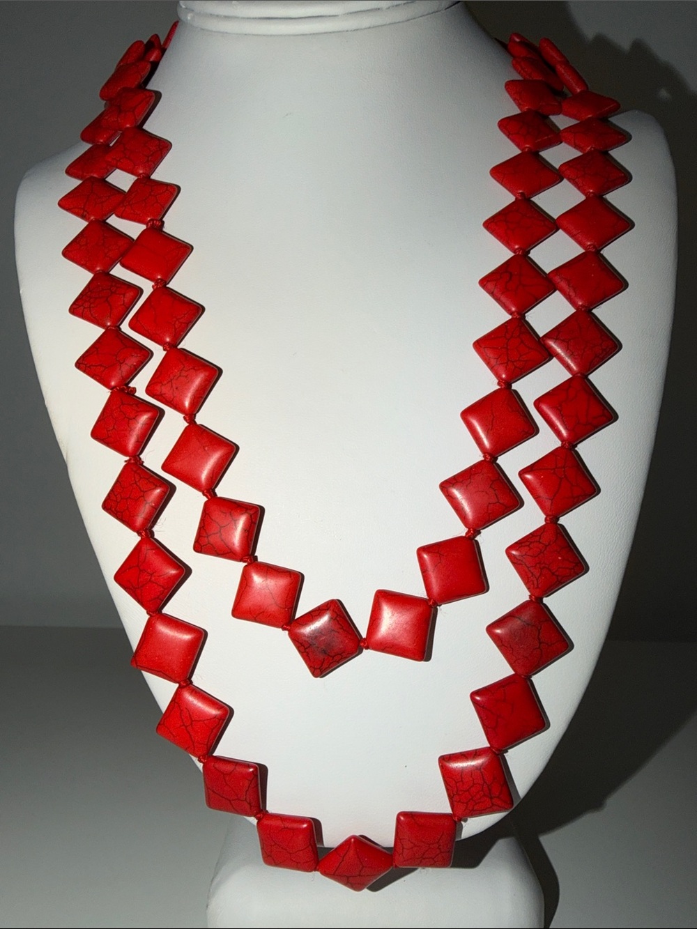 Red Square Plastic Lucite Beaded Extra Long Necklace